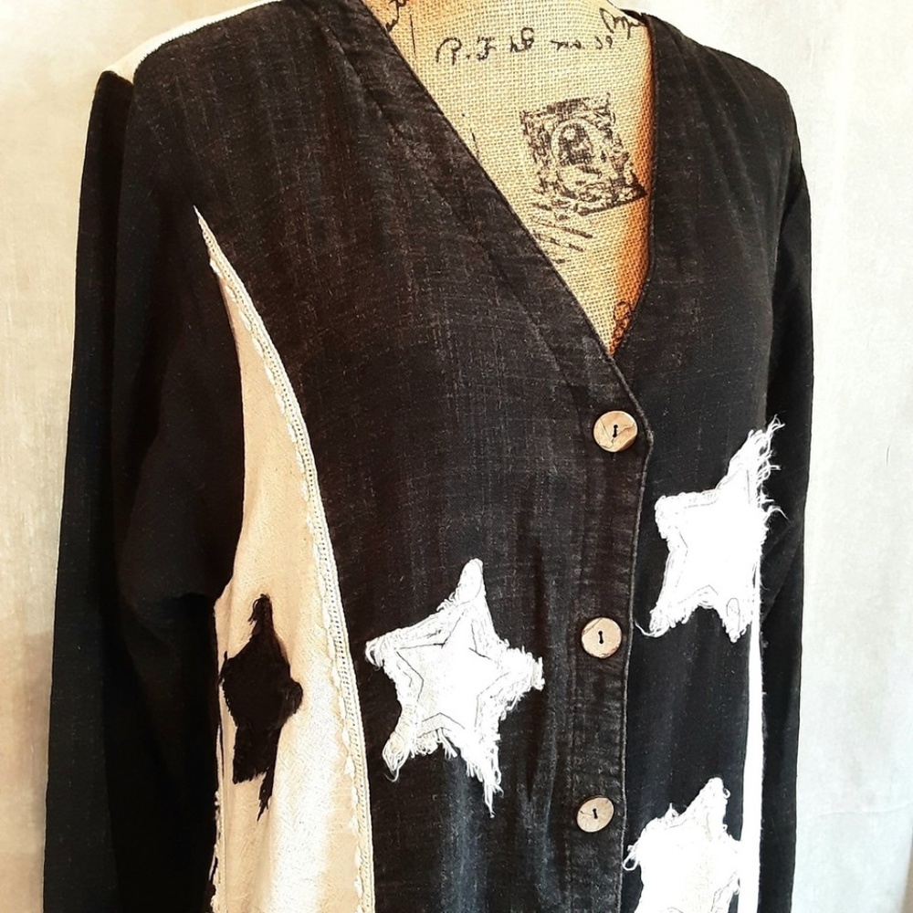 NWT Black & White Star Duster Jacket by Blue Velvet Full Button Oversized Sz S - Picture 2 of 16